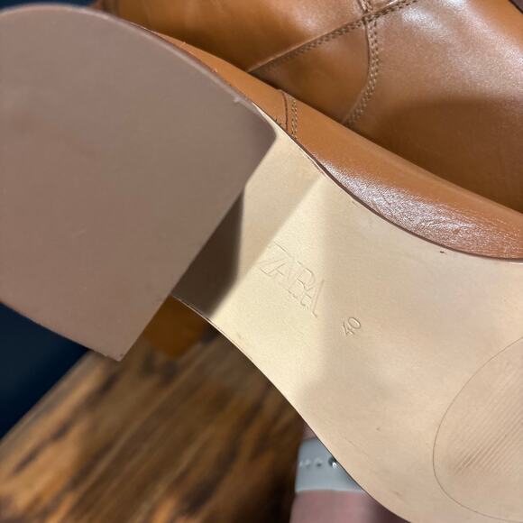 Zara Leather Knee High Block Heel Pull On Boots - Picture 7 of 15